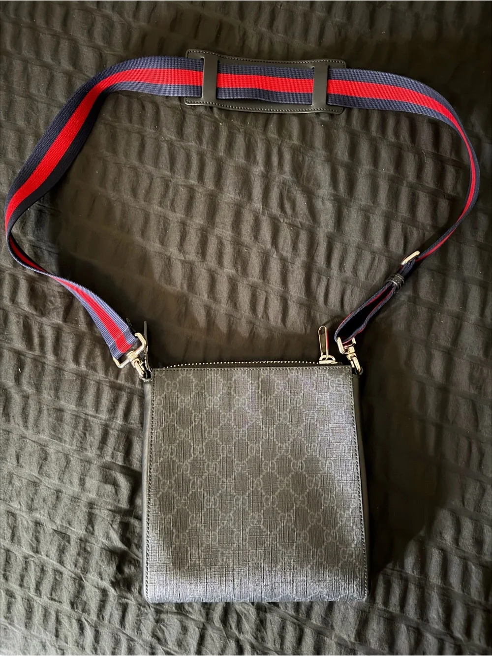 Gucci Black Leather with red and blue  Handbag with Interior Serial Tag